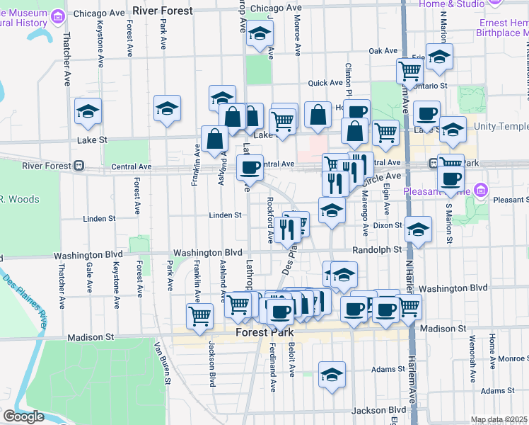 map of restaurants, bars, coffee shops, grocery stores, and more near 118 Rockford Avenue in Forest Park