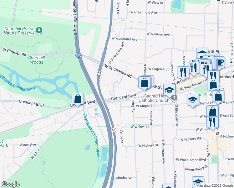 map of restaurants, bars, coffee shops, grocery stores, and more near 53 Crescent Boulevard in Lombard