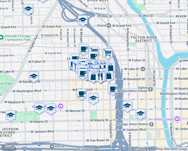map of restaurants, bars, coffee shops, grocery stores, and more near 854 West Randolph Street in Chicago