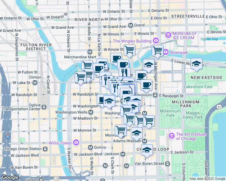 map of restaurants, bars, coffee shops, grocery stores, and more near 161 North Clark Street in Chicago