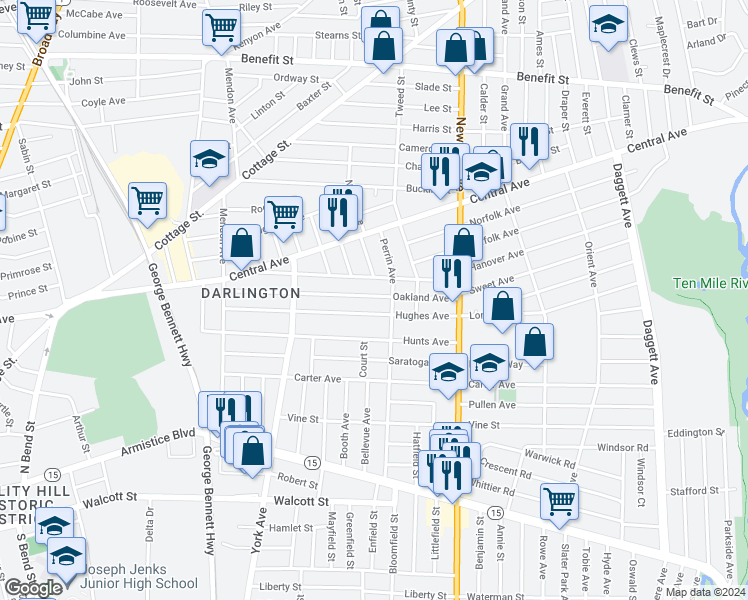 map of restaurants, bars, coffee shops, grocery stores, and more near 145 Oakland Avenue in Pawtucket