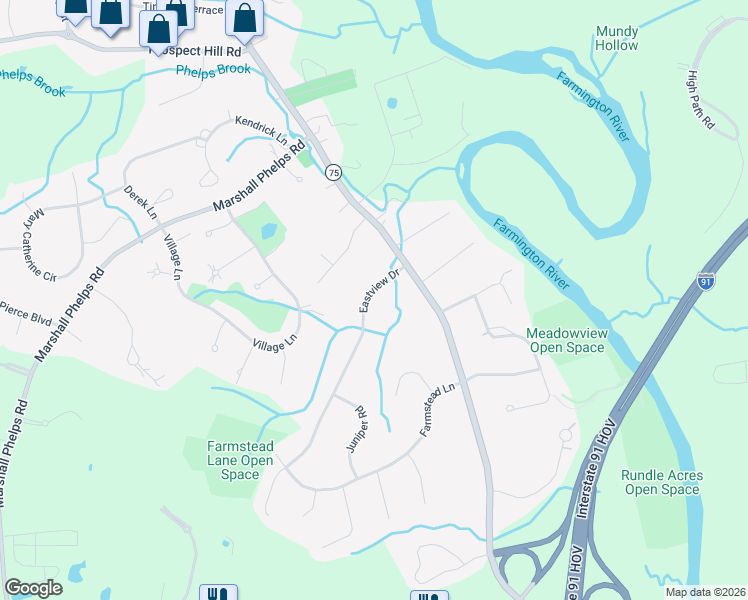 map of restaurants, bars, coffee shops, grocery stores, and more near 21 Eastview Drive in Windsor