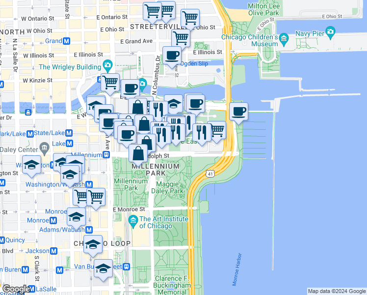 map of restaurants, bars, coffee shops, grocery stores, and more near 360 East Randolph Street in Chicago