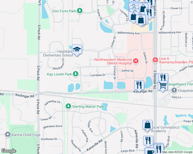 map of restaurants, bars, coffee shops, grocery stores, and more near 3114 Larrabee Drive in Geneva