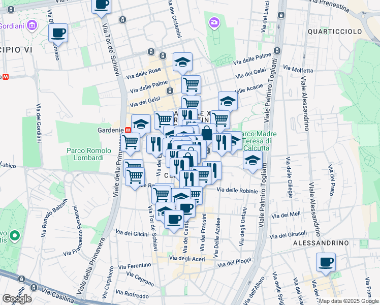 map of restaurants, bars, coffee shops, grocery stores, and more near 142 Via dei Castani in Rome
