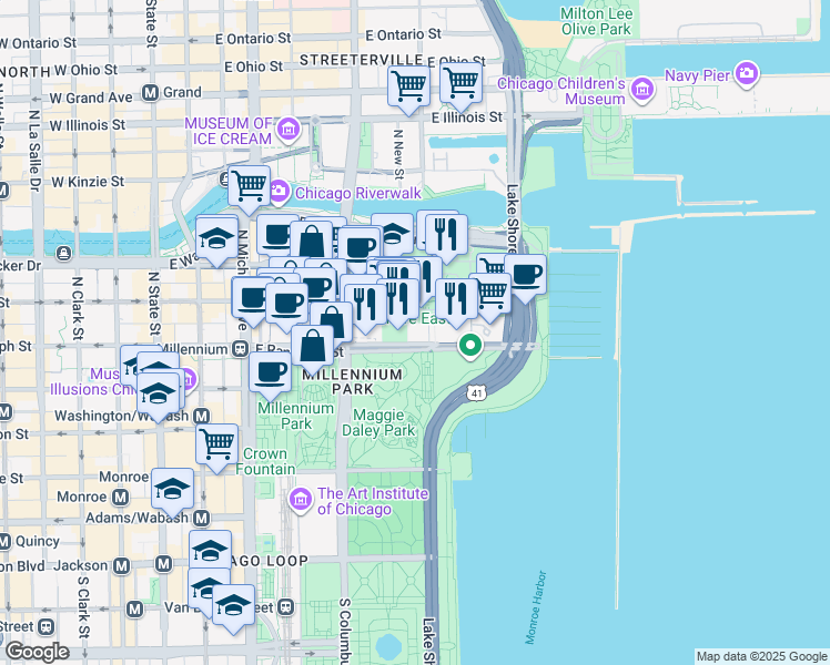 map of restaurants, bars, coffee shops, grocery stores, and more near 360 East Randolph Street in Chicago