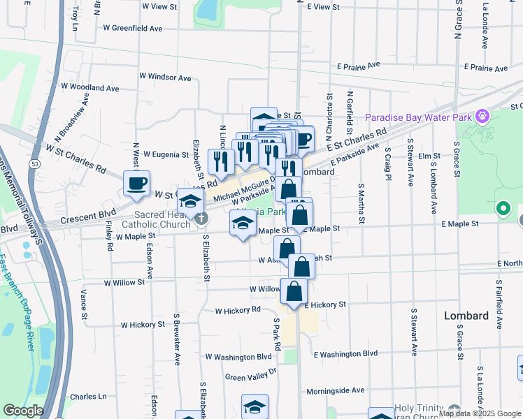 map of restaurants, bars, coffee shops, grocery stores, and more near 150 South Park Avenue in Lombard