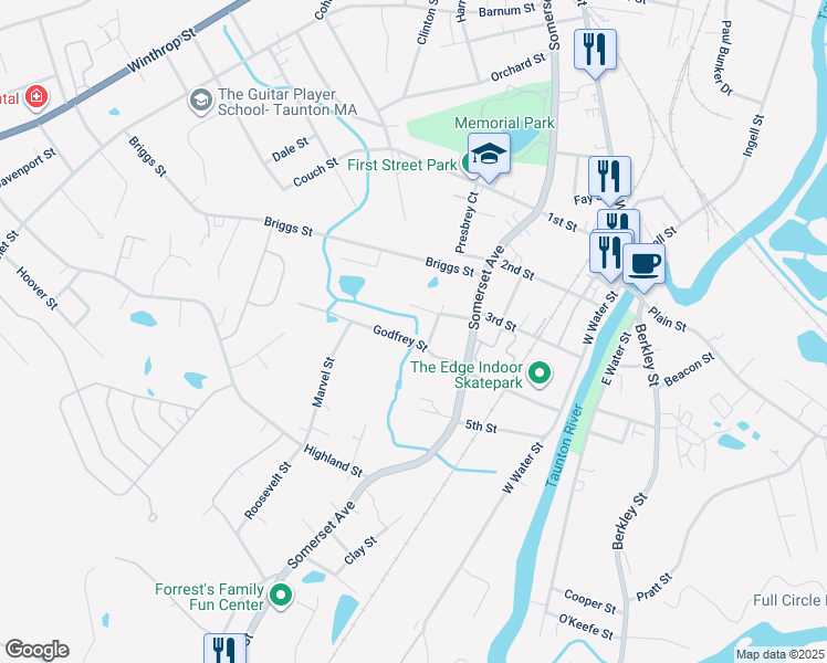 map of restaurants, bars, coffee shops, grocery stores, and more near 16 Billings Street in Taunton