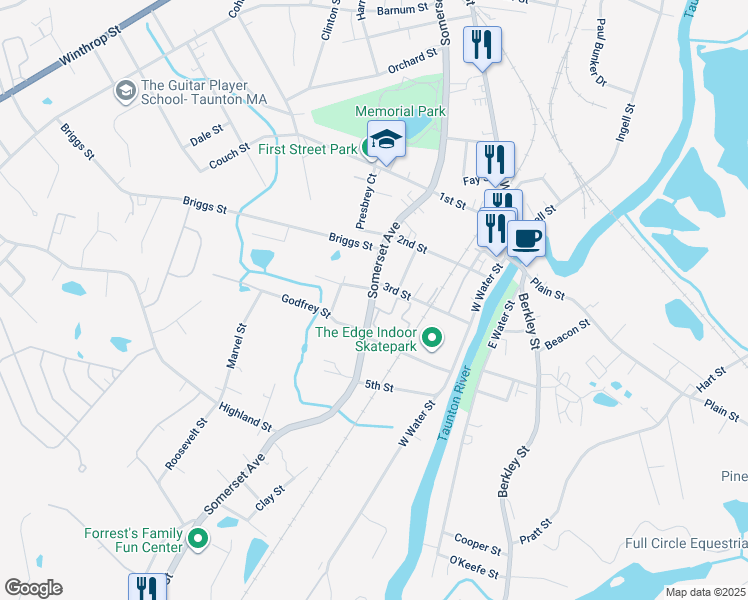 map of restaurants, bars, coffee shops, grocery stores, and more near 465 Somerset Avenue in Taunton