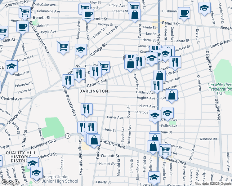 map of restaurants, bars, coffee shops, grocery stores, and more near 160 Hughes Avenue in Pawtucket