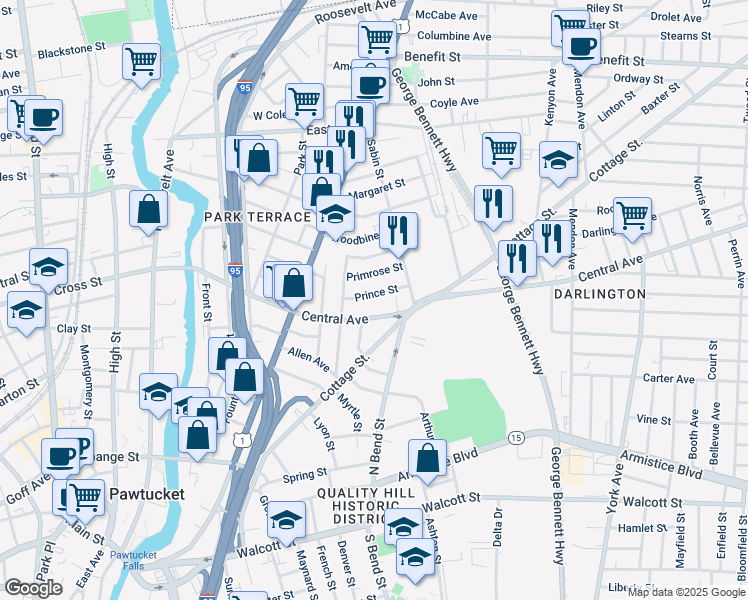 map of restaurants, bars, coffee shops, grocery stores, and more near 228 Central Avenue in Pawtucket
