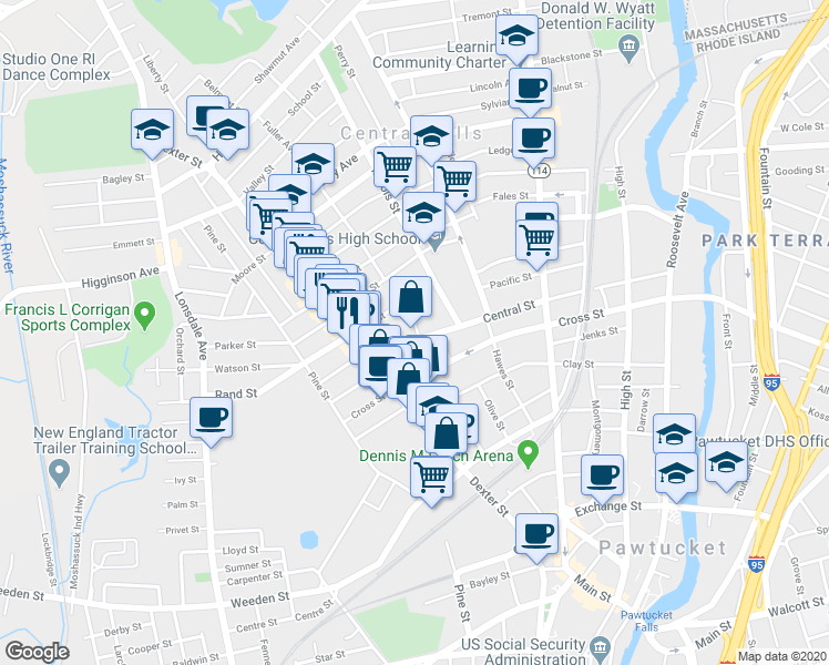 map of restaurants, bars, coffee shops, grocery stores, and more near 352 Central Street in Central Falls