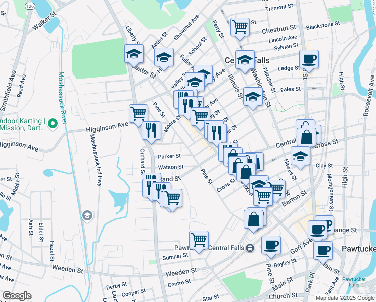 map of restaurants, bars, coffee shops, grocery stores, and more near 2 Parker Street in Central Falls