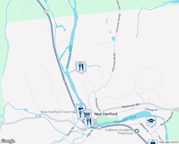 map of restaurants, bars, coffee shops, grocery stores, and more near 78 Prospect Street in New Hartford
