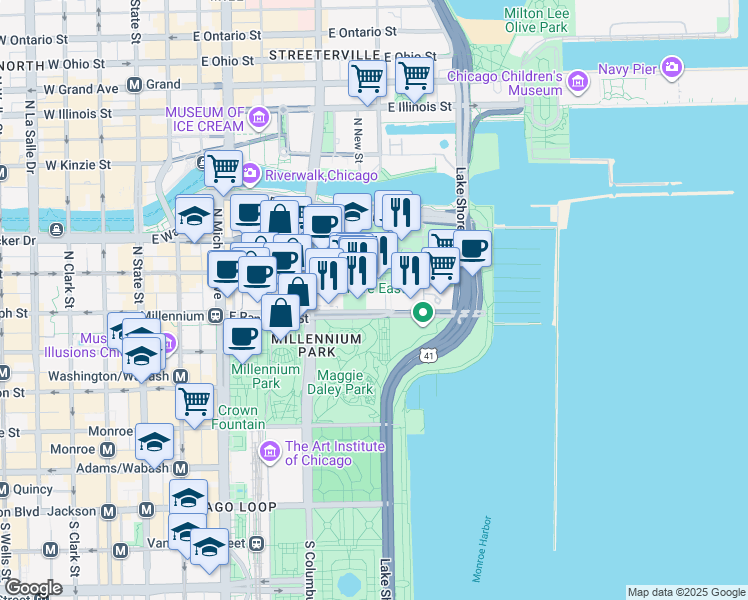 map of restaurants, bars, coffee shops, grocery stores, and more near 405 East Randolph Street in Chicago