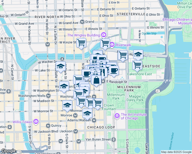 map of restaurants, bars, coffee shops, grocery stores, and more near 154 North Garland Court in Chicago