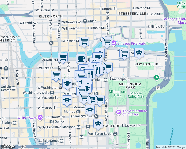 map of restaurants, bars, coffee shops, grocery stores, and more near 28 East Randolph Street in Chicago