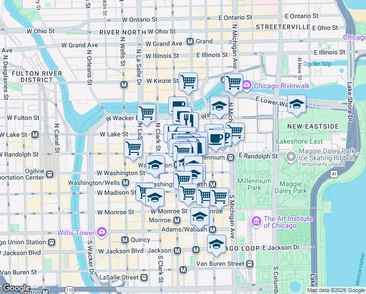 map of restaurants, bars, coffee shops, grocery stores, and more near 119 North Dearborn Street in Chicago