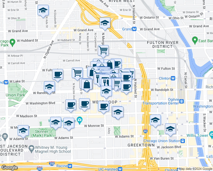 map of restaurants, bars, coffee shops, grocery stores, and more near 1006 West Randolph Street in Chicago