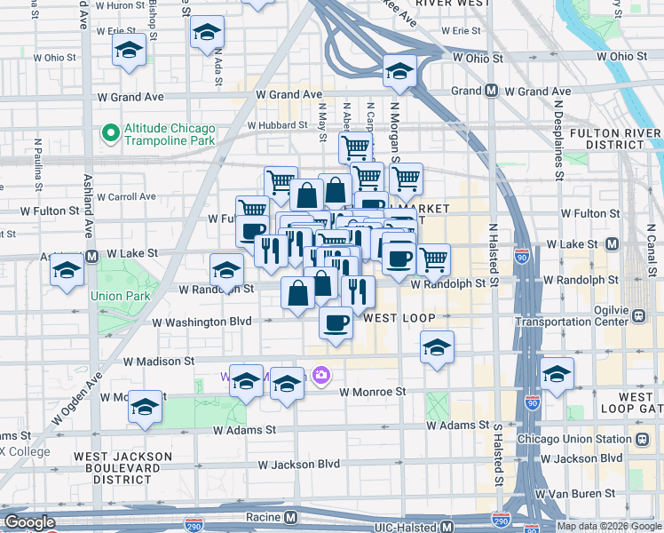 map of restaurants, bars, coffee shops, grocery stores, and more near 1116 West Randolph Street in Chicago