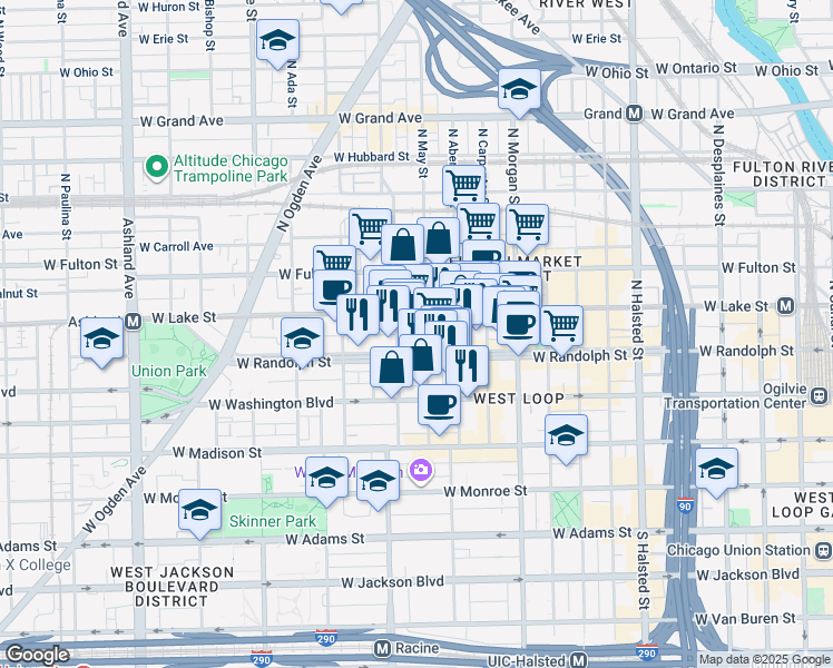 map of restaurants, bars, coffee shops, grocery stores, and more near 1116 West Randolph Street in Chicago