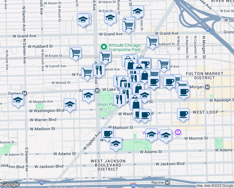 map of restaurants, bars, coffee shops, grocery stores, and more near 1419-1501 W Randolph St in Chicago