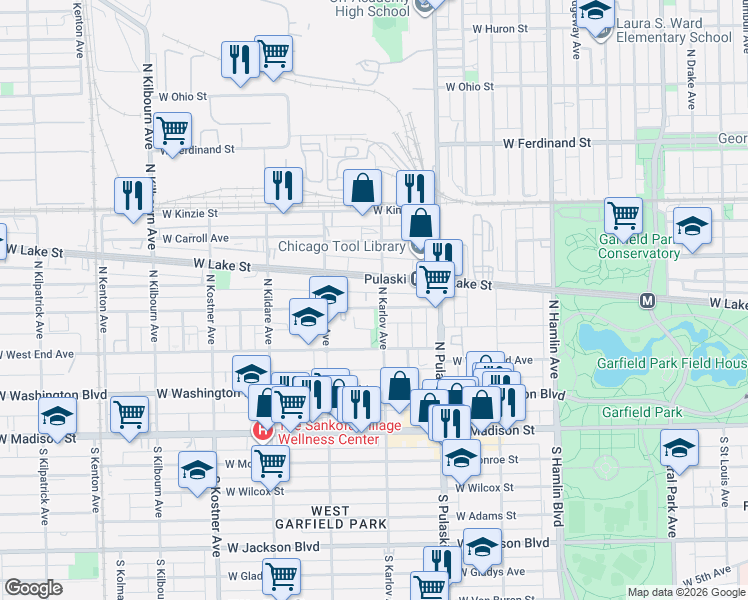 map of restaurants, bars, coffee shops, grocery stores, and more near 4113 West Maypole Avenue in Chicago
