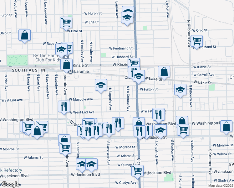 map of restaurants, bars, coffee shops, grocery stores, and more near 201 North Laporte Avenue in Chicago