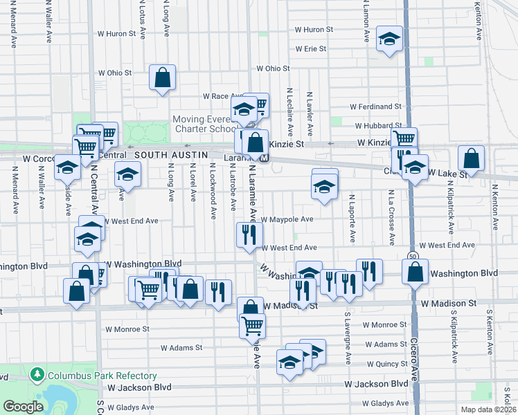 map of restaurants, bars, coffee shops, grocery stores, and more near 200 North Leamington Avenue in Chicago