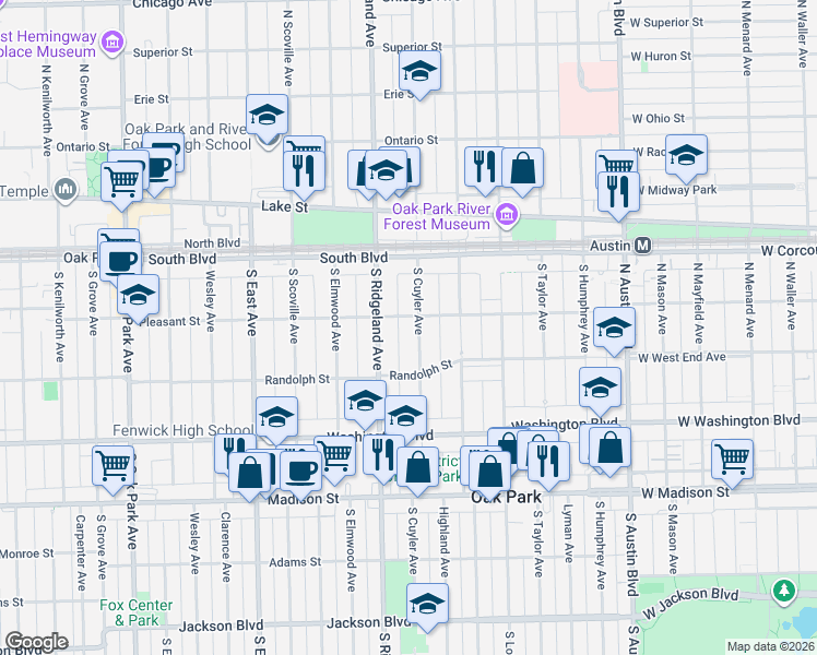 map of restaurants, bars, coffee shops, grocery stores, and more near 217 South Cuyler Avenue in Oak Park