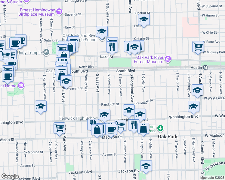 map of restaurants, bars, coffee shops, grocery stores, and more near 216 South Scoville Avenue in Oak Park