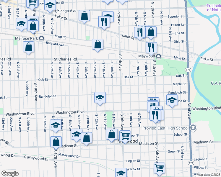 map of restaurants, bars, coffee shops, grocery stores, and more near 317 South 11th Avenue in Maywood