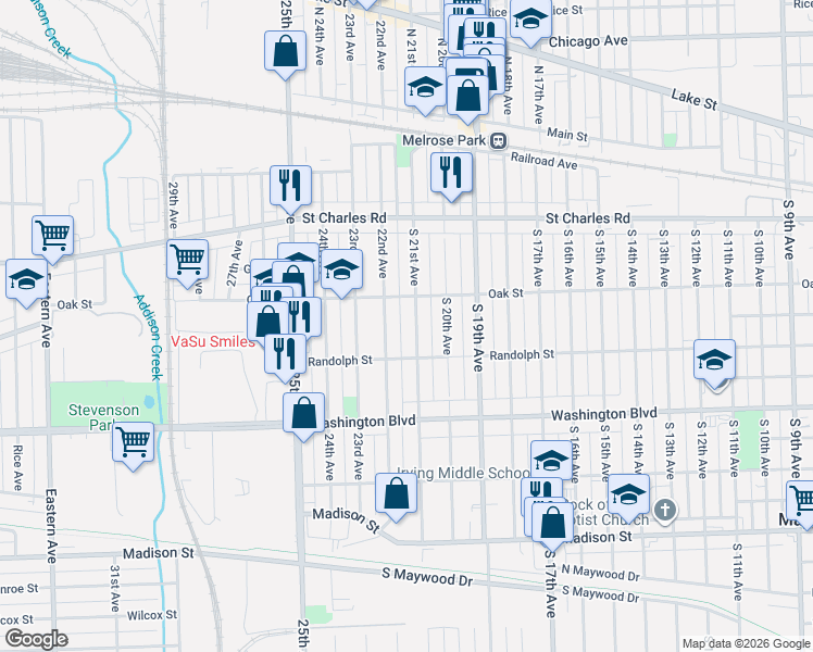 map of restaurants, bars, coffee shops, grocery stores, and more near 234 South 21st Avenue in Maywood