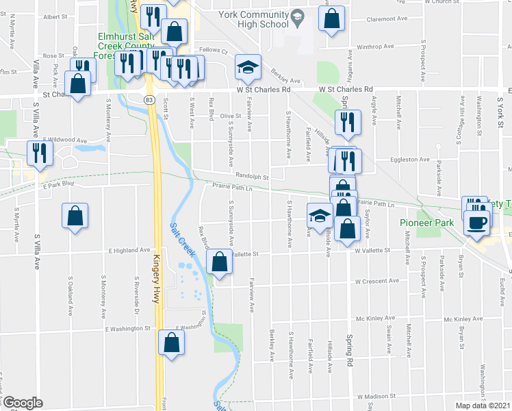 map of restaurants, bars, coffee shops, grocery stores, and more near 527 Fairview Avenue in Elmhurst