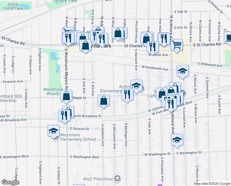 map of restaurants, bars, coffee shops, grocery stores, and more near 313 West School Street in Villa Park