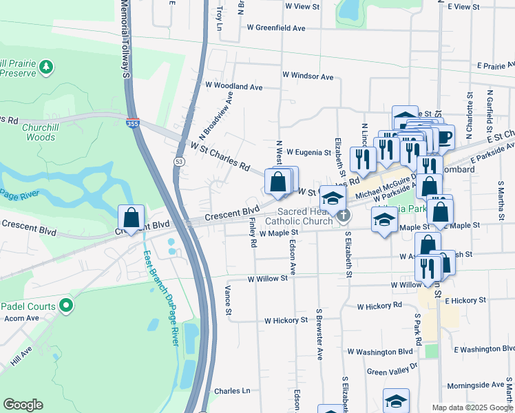 map of restaurants, bars, coffee shops, grocery stores, and more near 433 Crescent Boulevard in Lombard