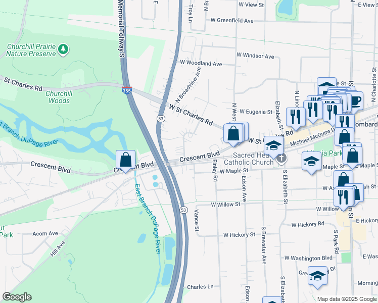 map of restaurants, bars, coffee shops, grocery stores, and more near 53 Crescent Boulevard in Lombard
