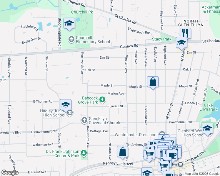 map of restaurants, bars, coffee shops, grocery stores, and more near 336 Marion Avenue in Glen Ellyn