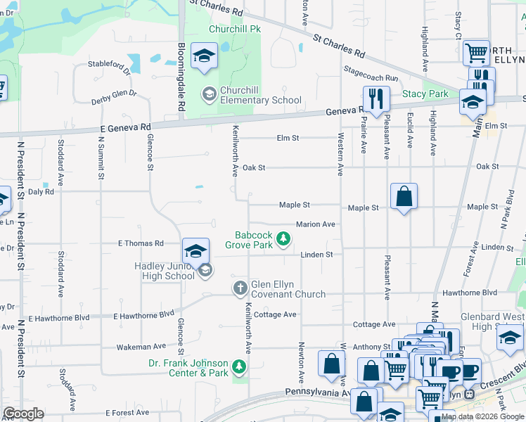map of restaurants, bars, coffee shops, grocery stores, and more near 308 Marion Avenue in Glen Ellyn