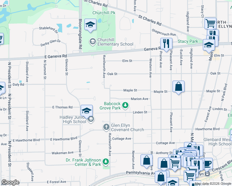 map of restaurants, bars, coffee shops, grocery stores, and more near 308 Marion Avenue in Glen Ellyn