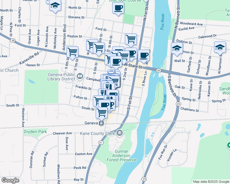 map of restaurants, bars, coffee shops, grocery stores, and more near 301 South 3rd Street in Geneva