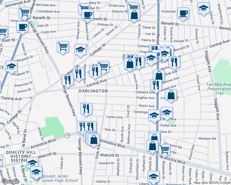 map of restaurants, bars, coffee shops, grocery stores, and more near 160 Hughes Avenue in Pawtucket
