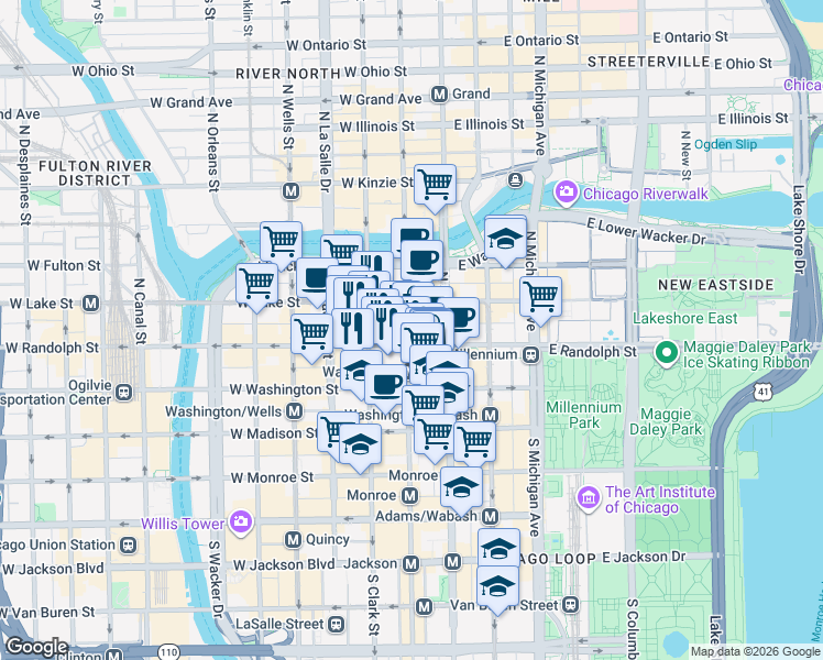 map of restaurants, bars, coffee shops, grocery stores, and more near 159 North Dearborn Street in Chicago