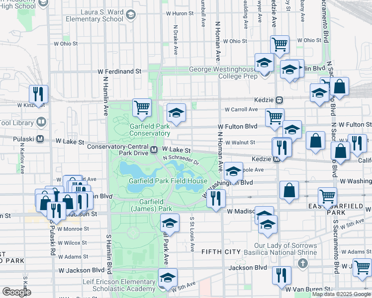 map of restaurants, bars, coffee shops, grocery stores, and more near 3504 West Lake Street in Chicago