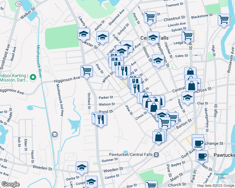 map of restaurants, bars, coffee shops, grocery stores, and more near 2 Parker Street in Central Falls