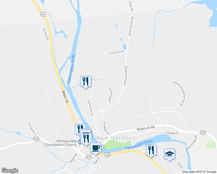 map of restaurants, bars, coffee shops, grocery stores, and more near 3 Loomis Heights in New Hartford