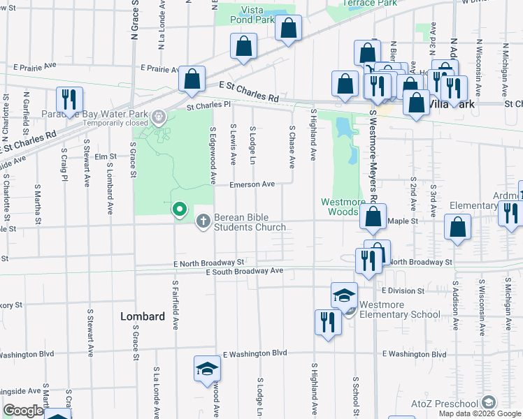 map of restaurants, bars, coffee shops, grocery stores, and more near 706 East Maple Street in Lombard
