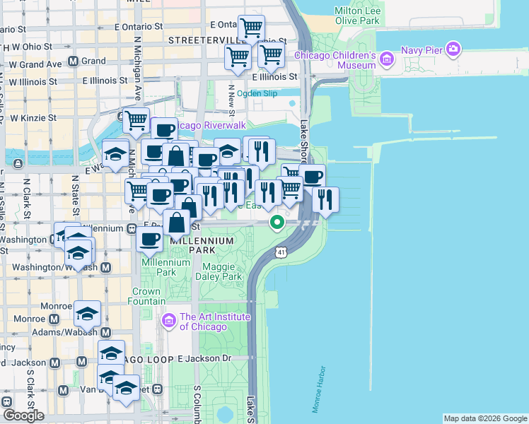 map of restaurants, bars, coffee shops, grocery stores, and more near 400 East Randolph Street in Chicago
