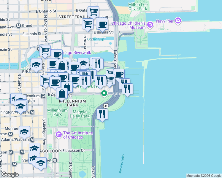 map of restaurants, bars, coffee shops, grocery stores, and more near 155 North Harbor Drive in Chicago