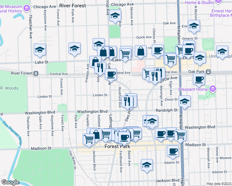 map of restaurants, bars, coffee shops, grocery stores, and more near 120 Lathrop Avenue in Forest Park